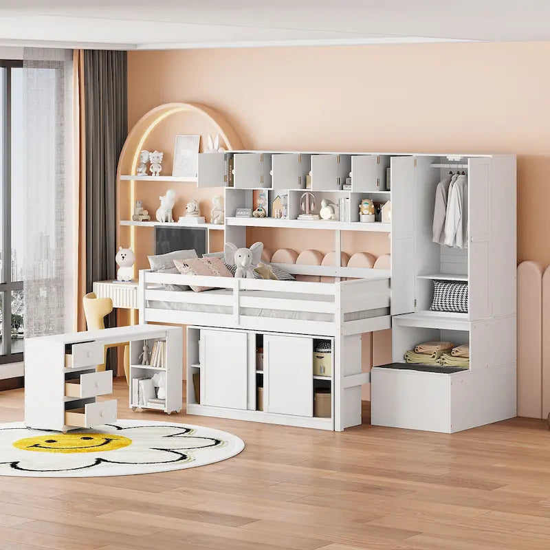 Cama alta de madera blanca de tamaño completo con armario, escritorio con ruedas y escalera de almacenamiento
