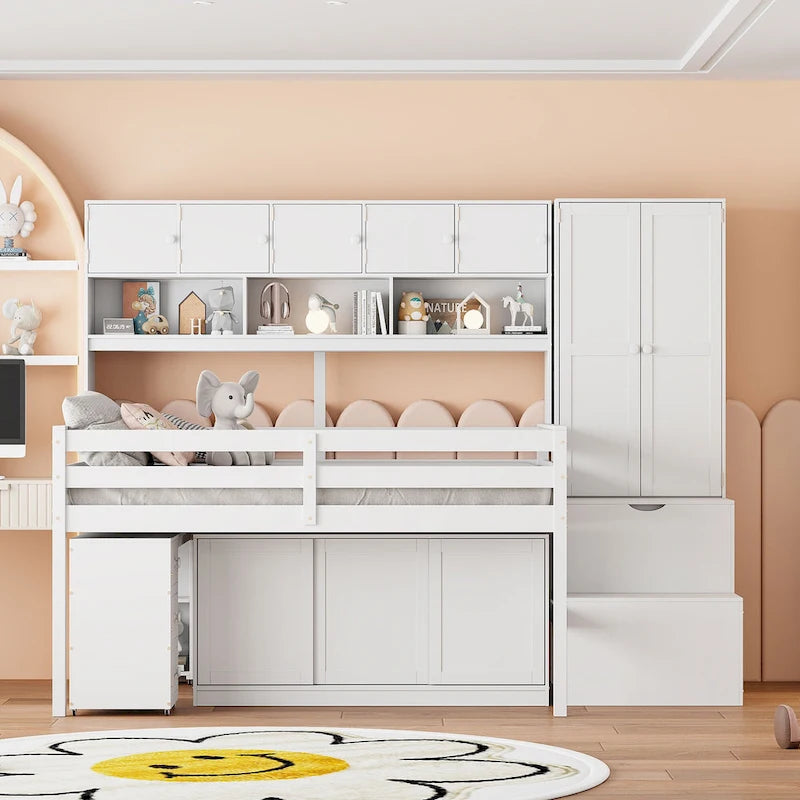 Cama alta de madera blanca de tamaño completo con armario, escritorio con ruedas y escalera de almacenamiento