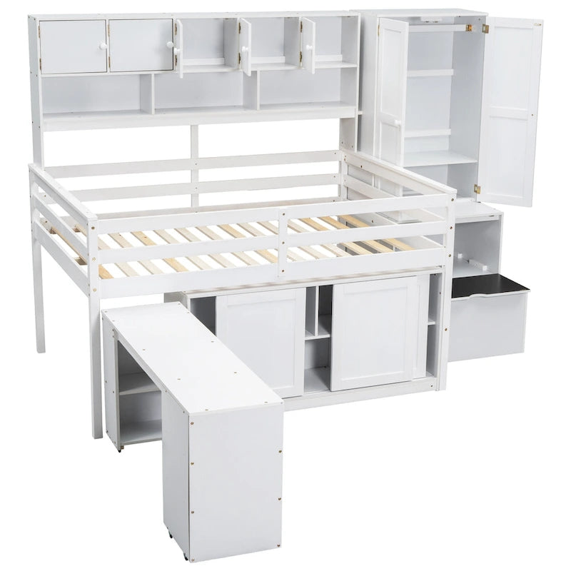 Cama alta de madera blanca de tamaño completo con armario, escritorio con ruedas y escalera de almacenamiento