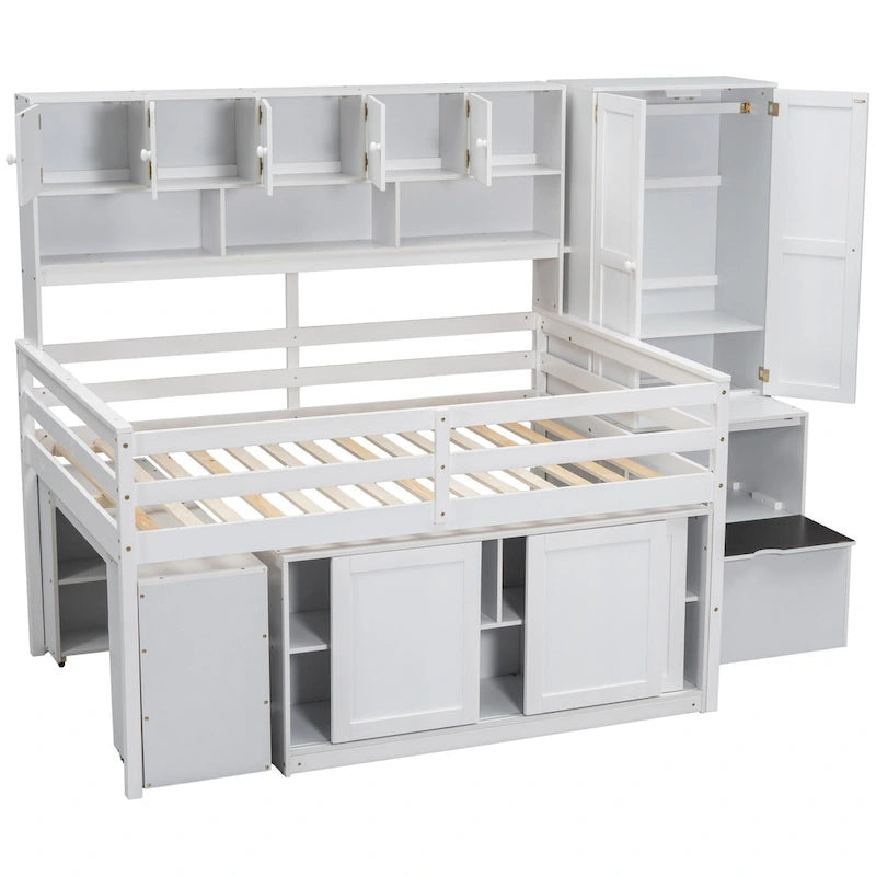 Cama alta de madera blanca de tamaño completo con armario, escritorio con ruedas y escalera de almacenamiento