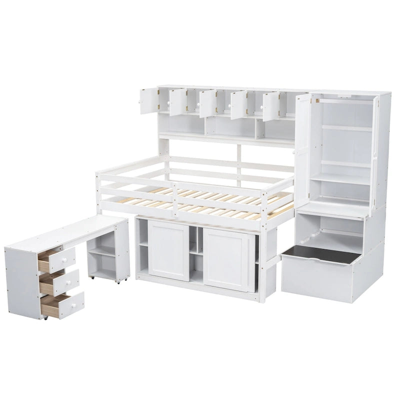 Cama alta de madera blanca de tamaño completo con armario, escritorio con ruedas y escalera de almacenamiento