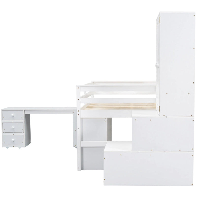 Cama alta de madera blanca de tamaño completo con armario, escritorio con ruedas y escalera de almacenamiento