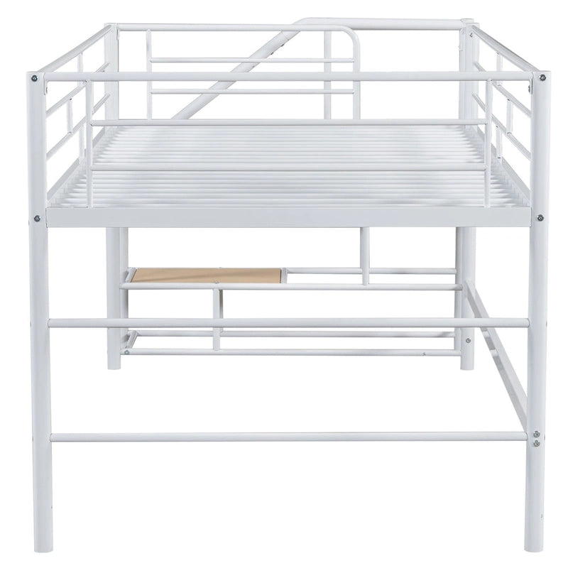 Cama alta doble de metal blanca con escaleras de almacenamiento | Diseño que ahorra espacio