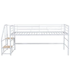 Cama alta doble de metal blanca con escaleras de almacenamiento | Diseño que ahorra espacio