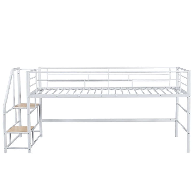 Cama alta doble de metal blanca con escaleras de almacenamiento | Diseño que ahorra espacio