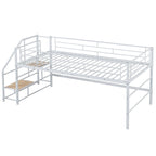 Cama alta doble de metal blanca con escaleras de almacenamiento | Diseño que ahorra espacio