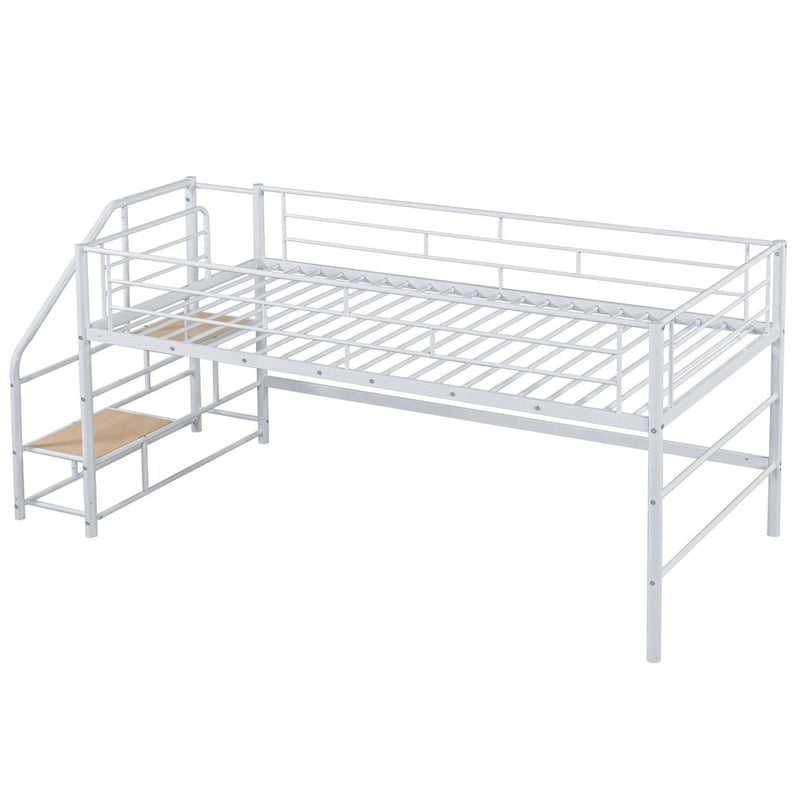 Cama alta doble de metal blanca con escaleras de almacenamiento | Diseño que ahorra espacio