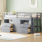 Gray Twin Solid Wood Loft Bed with Drawers & Cabinet