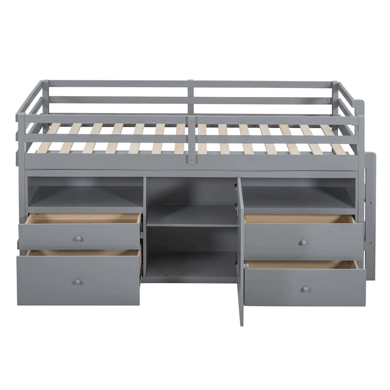 Cama alta doble gris de madera maciza con 4 cajones, armario y barandillas completas