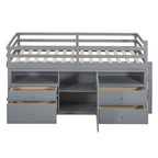 Cama alta doble gris de madera maciza con 4 cajones, armario y barandillas completas