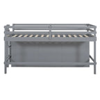 Cama alta doble gris de madera maciza con 4 cajones, armario y barandillas completas