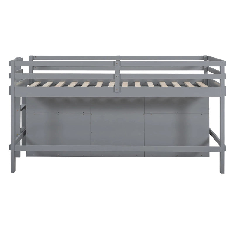 Cama alta doble gris de madera maciza con 4 cajones, armario y barandillas completas