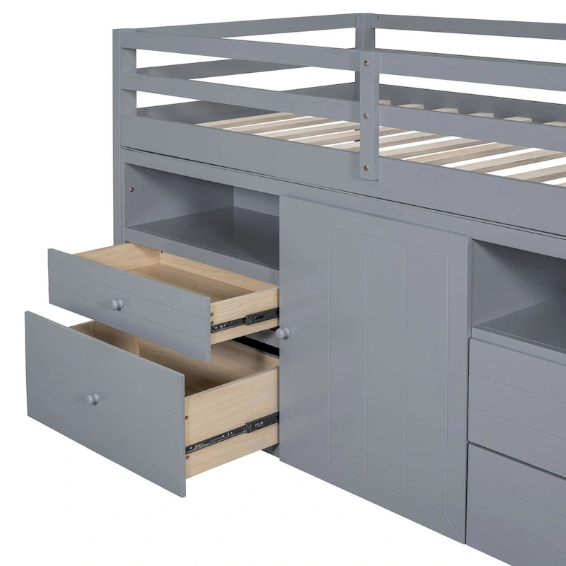 Cama alta doble gris de madera maciza con 4 cajones, armario y barandillas completas