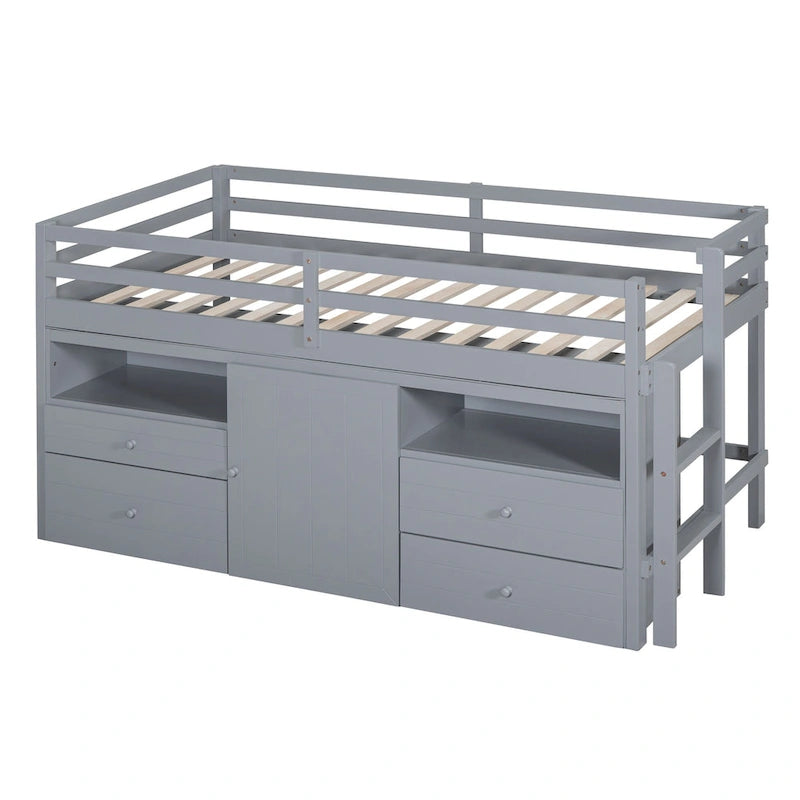 Cama alta doble gris de madera maciza con 4 cajones, armario y barandillas completas