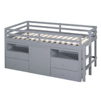 Cama alta doble gris de madera maciza con 4 cajones, armario y barandillas completas