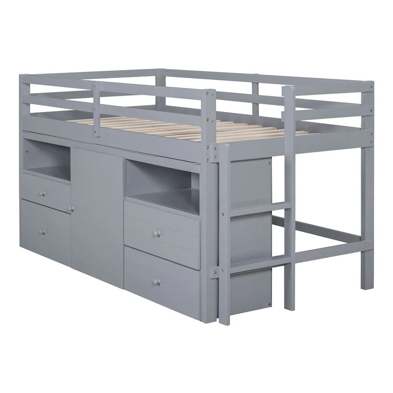 Cama alta doble gris de madera maciza con 4 cajones, armario y barandillas completas