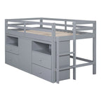 Cama alta doble gris de madera maciza con 4 cajones, armario y barandillas completas
