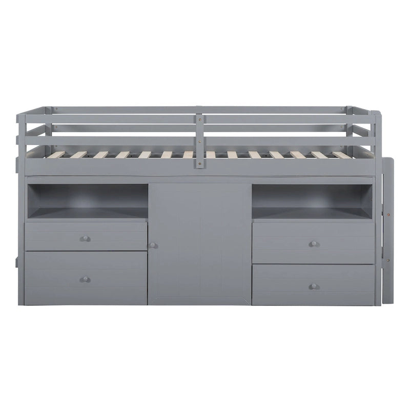 Cama alta doble gris de madera maciza con 4 cajones, armario y barandillas completas