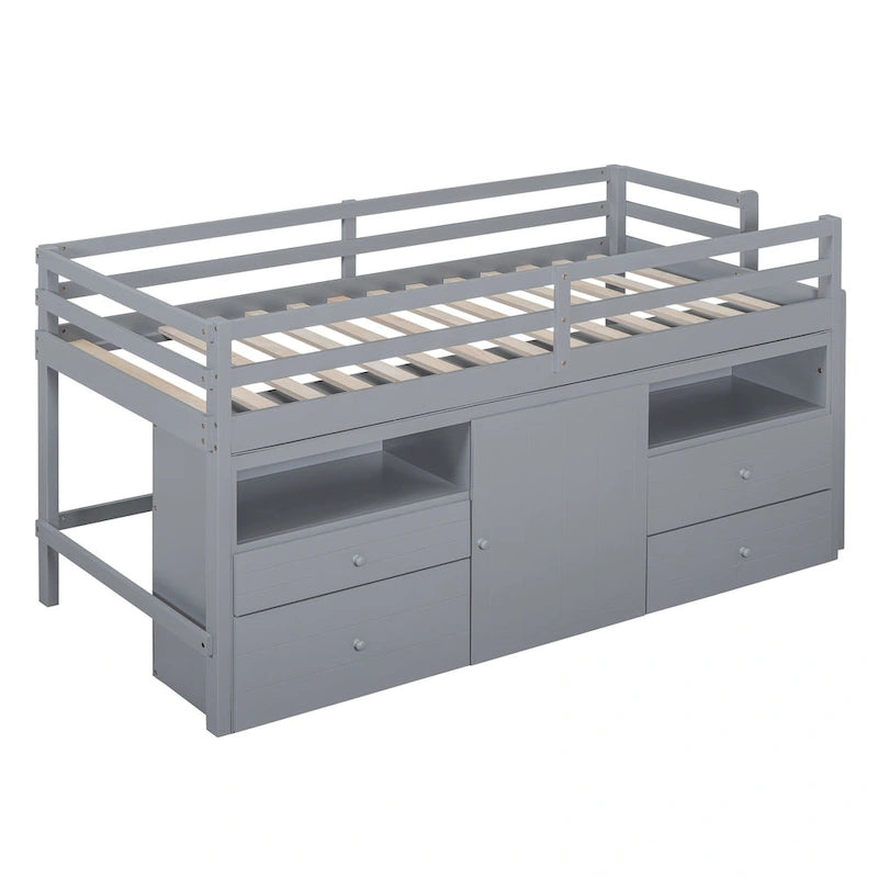 Cama alta doble gris de madera maciza con 4 cajones, armario y barandillas completas