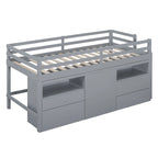 Cama alta doble gris de madera maciza con 4 cajones, armario y barandillas completas