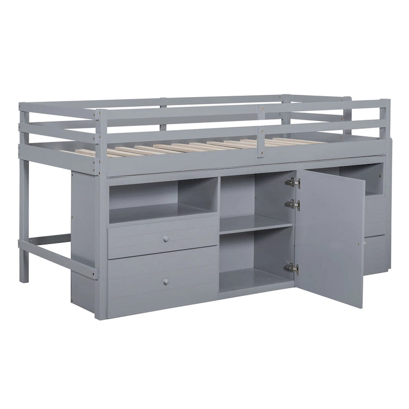 Cama alta doble gris de madera maciza con 4 cajones, armario y barandillas completas