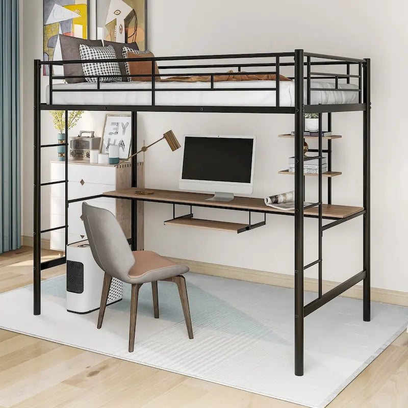 Cama alta de metal negra tamaño individual con escritorio, estante y doble escalera | Ahorro de espacio