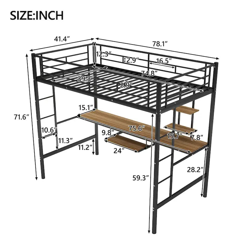 Cama alta de metal negra tamaño individual con escritorio, estante y doble escalera | Ahorro de espacio