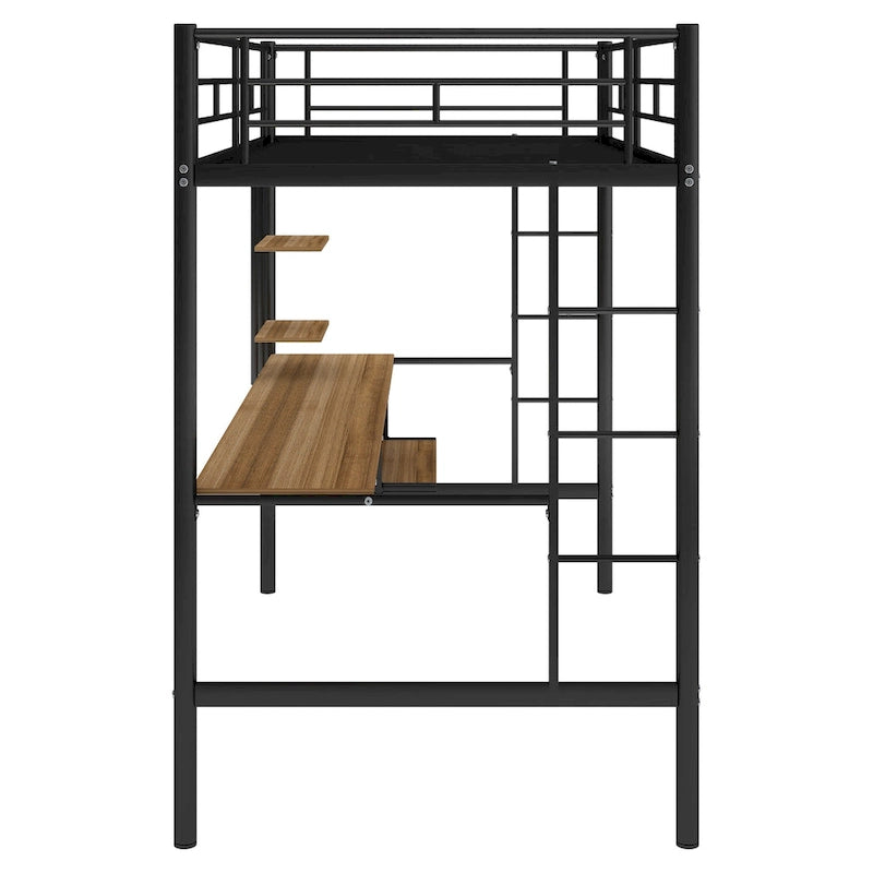 Cama alta de metal negra tamaño individual con escritorio, estante y doble escalera | Ahorro de espacio