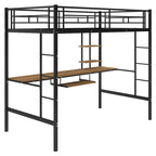 Cama alta de metal negra tamaño individual con escritorio, estante y doble escalera | Ahorro de espacio