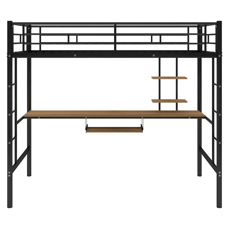 Cama alta de metal negra tamaño individual con escritorio, estante y doble escalera | Ahorro de espacio