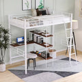 Cama alta individual de metal blanca con escritorio y estantes | Muebles de dormitorio que ahorran espacio