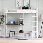 Cama alta individual de metal blanca con escritorio y estantes | Muebles de dormitorio que ahorran espacio