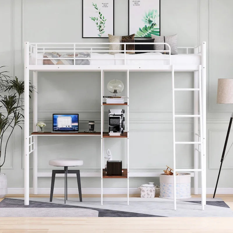 Cama alta individual de metal blanca con escritorio y estantes | Muebles de dormitorio que ahorran espacio