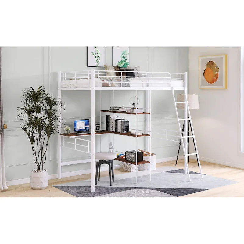 Cama alta individual de metal blanca con escritorio y estantes | Muebles de dormitorio que ahorran espacio