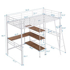 Cama alta individual de metal blanca con escritorio y estantes | Muebles de dormitorio que ahorran espacio