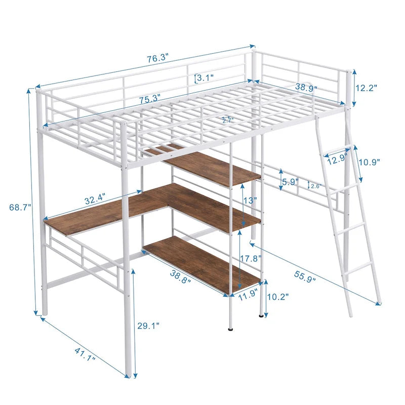 Cama alta individual de metal blanca con escritorio y estantes | Muebles de dormitorio que ahorran espacio