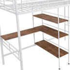 Cama alta individual de metal blanca con escritorio y estantes | Muebles de dormitorio que ahorran espacio