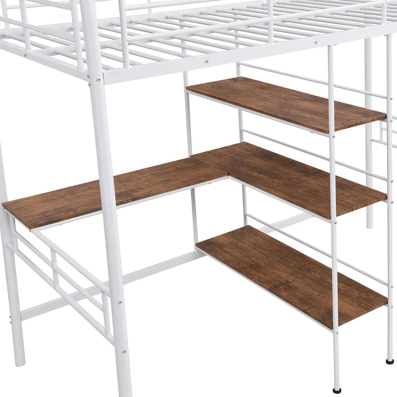 Cama alta individual de metal blanca con escritorio y estantes | Muebles de dormitorio que ahorran espacio