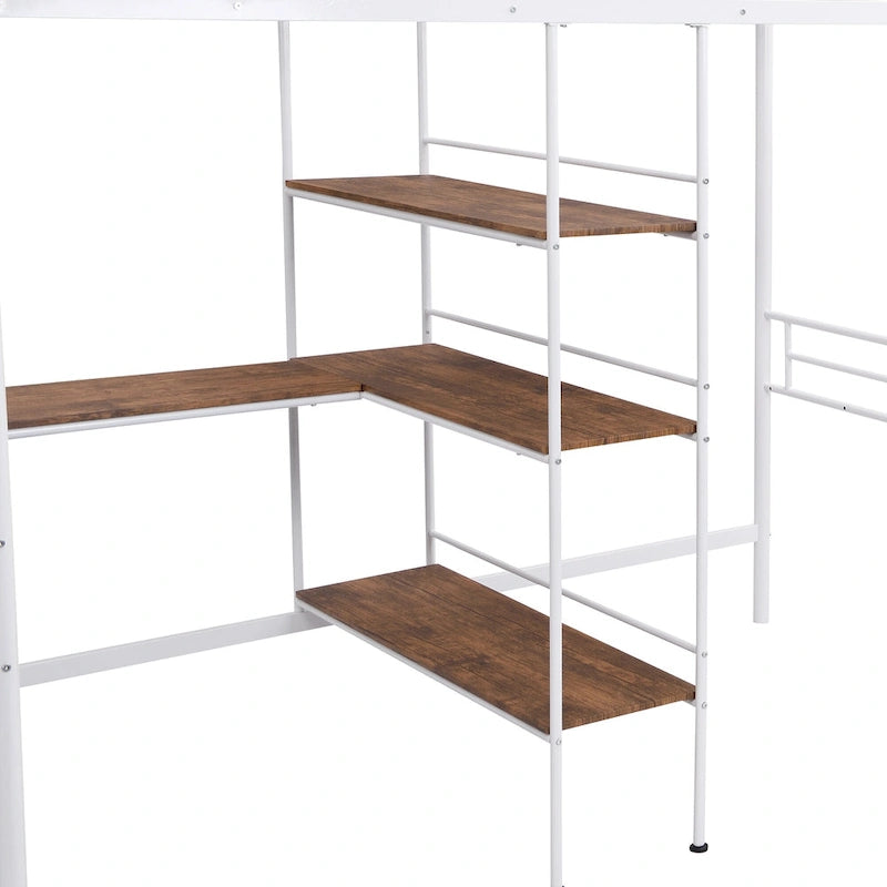 Cama alta individual de metal blanca con escritorio y estantes | Muebles de dormitorio que ahorran espacio