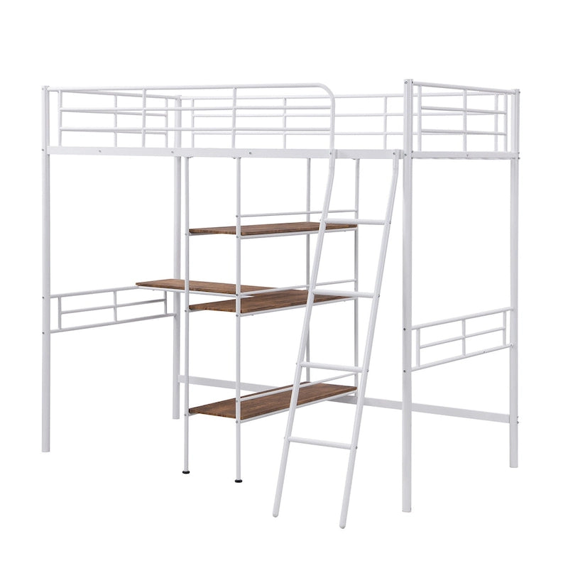 Cama alta individual de metal blanca con escritorio y estantes | Muebles de dormitorio que ahorran espacio