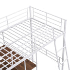 Cama alta individual de metal blanca con escritorio y estantes | Muebles de dormitorio que ahorran espacio
