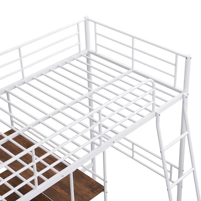 Cama alta individual de metal blanca con escritorio y estantes | Muebles de dormitorio que ahorran espacio
