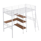 Cama alta individual de metal blanca con escritorio y estantes | Muebles de dormitorio que ahorran espacio