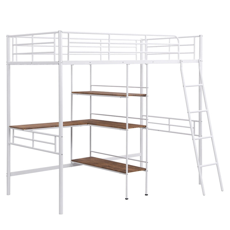 Cama alta individual de metal blanca con escritorio y estantes | Muebles de dormitorio que ahorran espacio