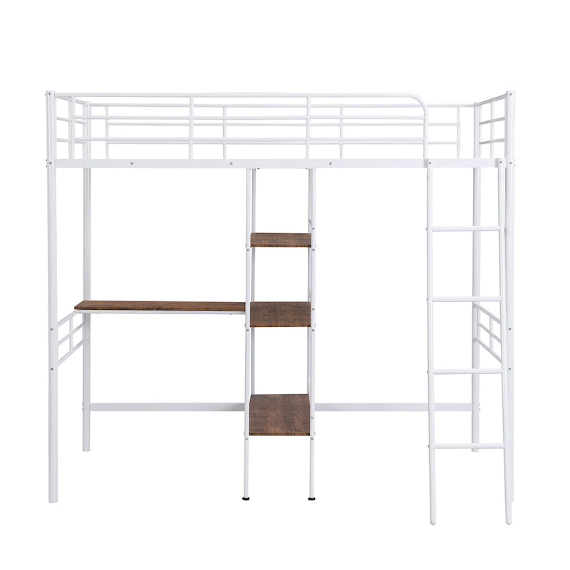 Cama alta individual de metal blanca con escritorio y estantes | Muebles de dormitorio que ahorran espacio