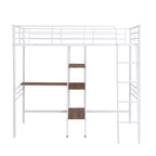 Cama alta individual de metal blanca con escritorio y estantes | Muebles de dormitorio que ahorran espacio