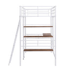 Cama alta individual de metal blanca con escritorio y estantes | Muebles de dormitorio que ahorran espacio