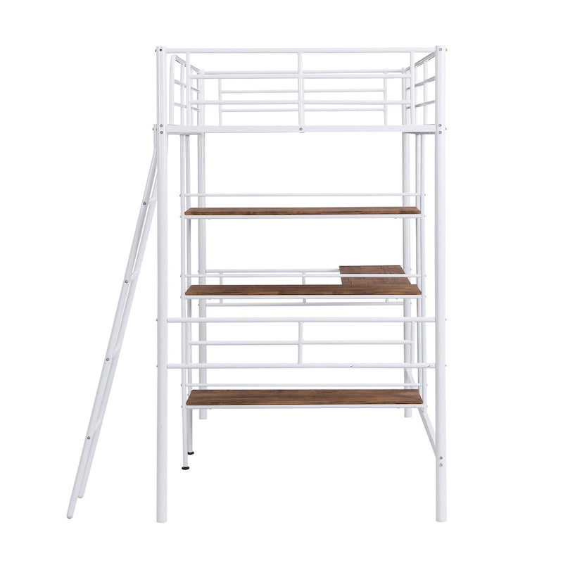 Cama alta individual de metal blanca con escritorio y estantes | Muebles de dormitorio que ahorran espacio