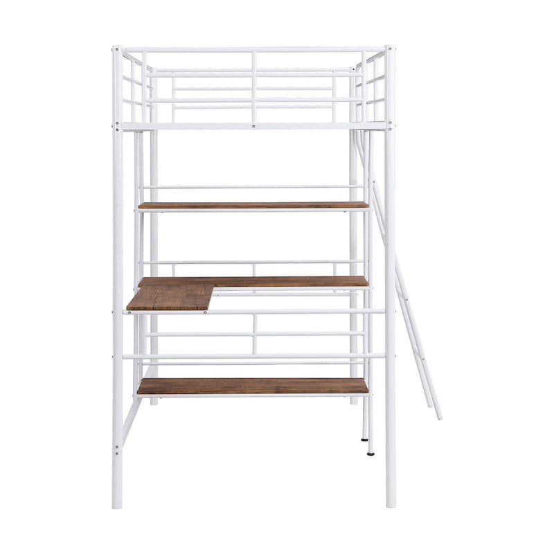 Cama alta individual de metal blanca con escritorio y estantes | Muebles de dormitorio que ahorran espacio