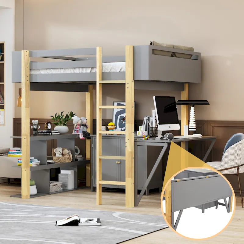 Cama alta doble gris de madera maciza con armario de almacenamiento incorporado y escritorio plegable